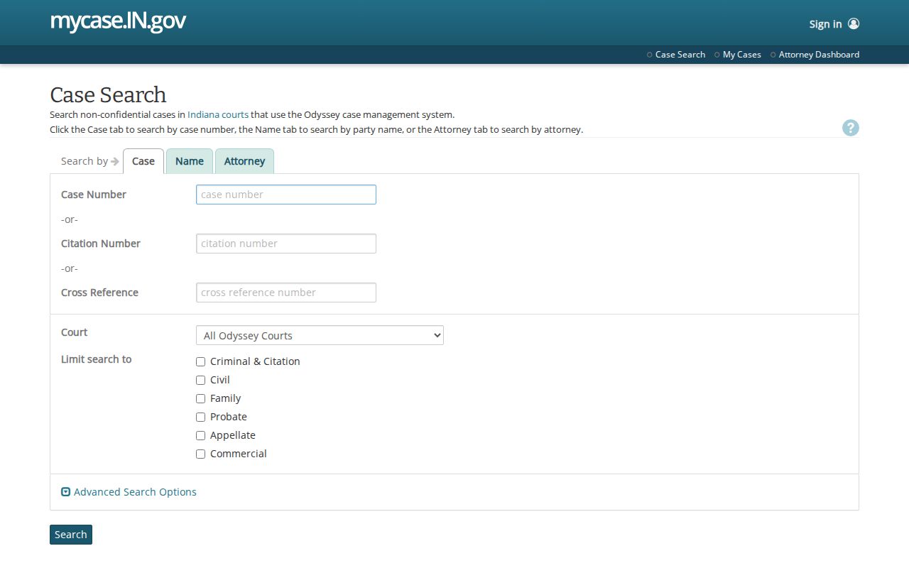 Indiana MyCase public case search interface